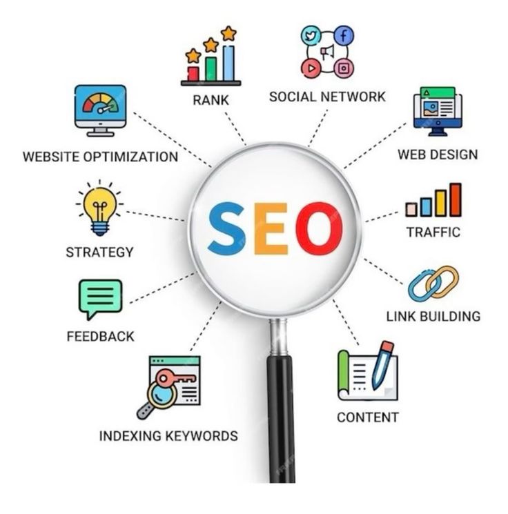 SEO-related icons with a magnifying glass focusing on 'SEO' text.