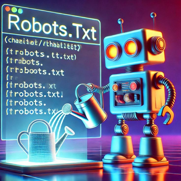 Robot watering a plant next to a computer screen displaying 'Robots.txt' code.