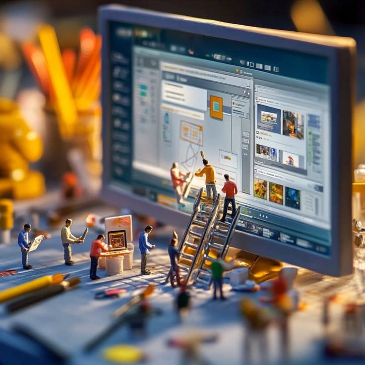 Model of people working on a computer screen with construction equipment in the background