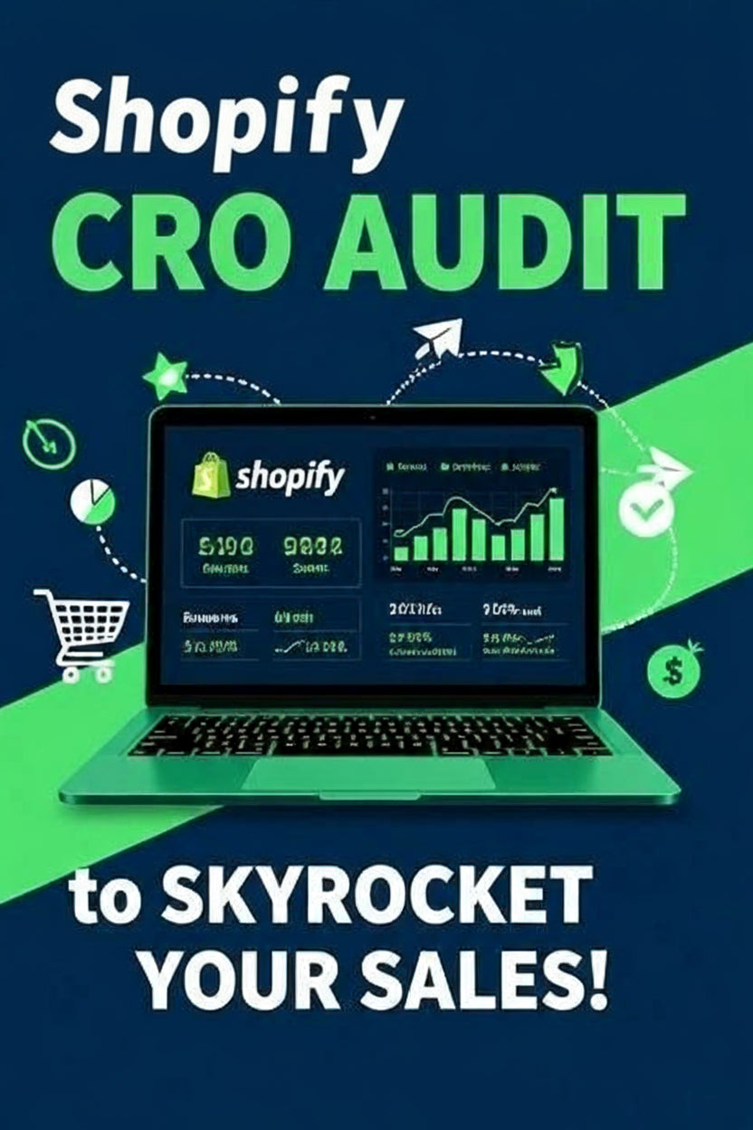 Laptop with Shopify dashboard on a blue and green background with text about Expert Shopify CRO Audit.