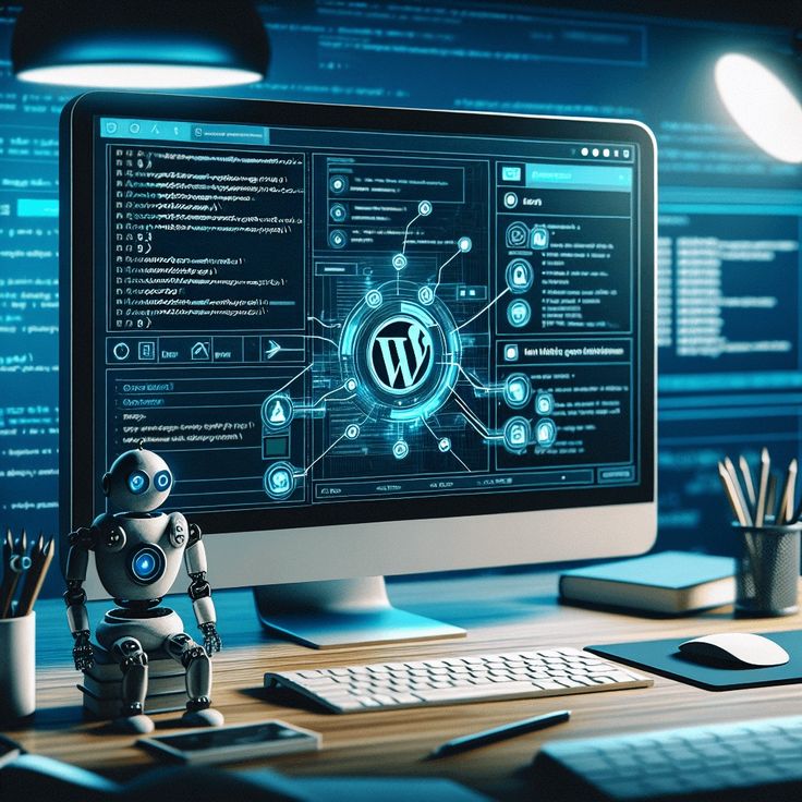 Computer monitor displaying a coding interface with WordPress logo, robot figurine, and office supplies on a desk.