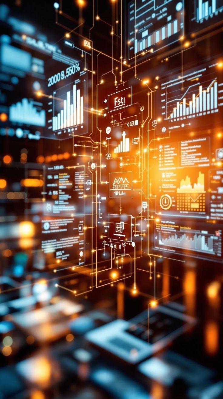 Digital representation of data and analytics with glowing elements on a dark background